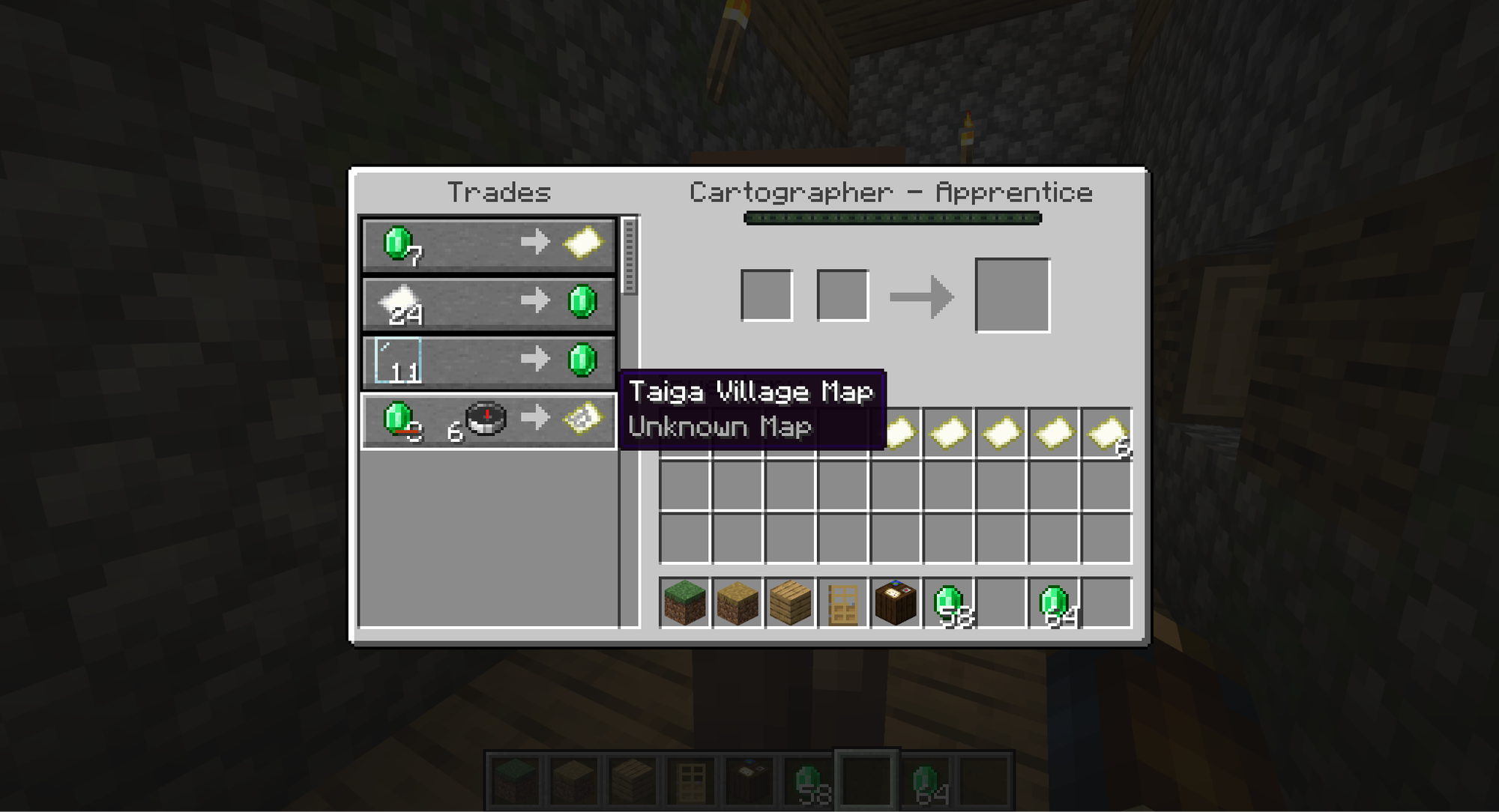 A Minecraft screenshot of a trade interface, showing a Taiga Village map.