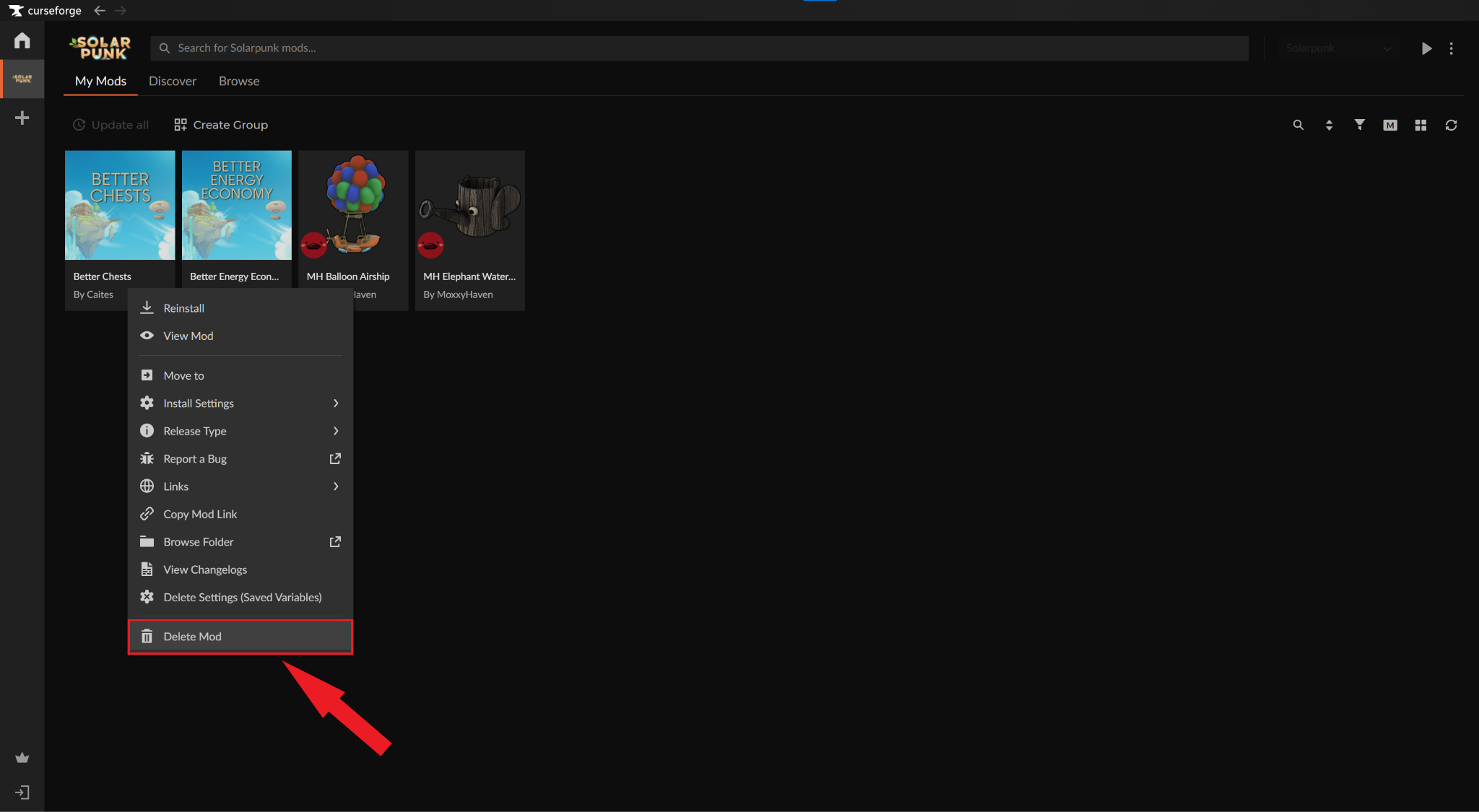 A screenshot of the CurseForge app interface with an arrow pointing toward the "Delete Mod" menu option.