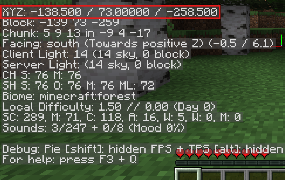 Minecraft Java F3 debug screen showing the XYZ coordinate line highlighted at the top left.