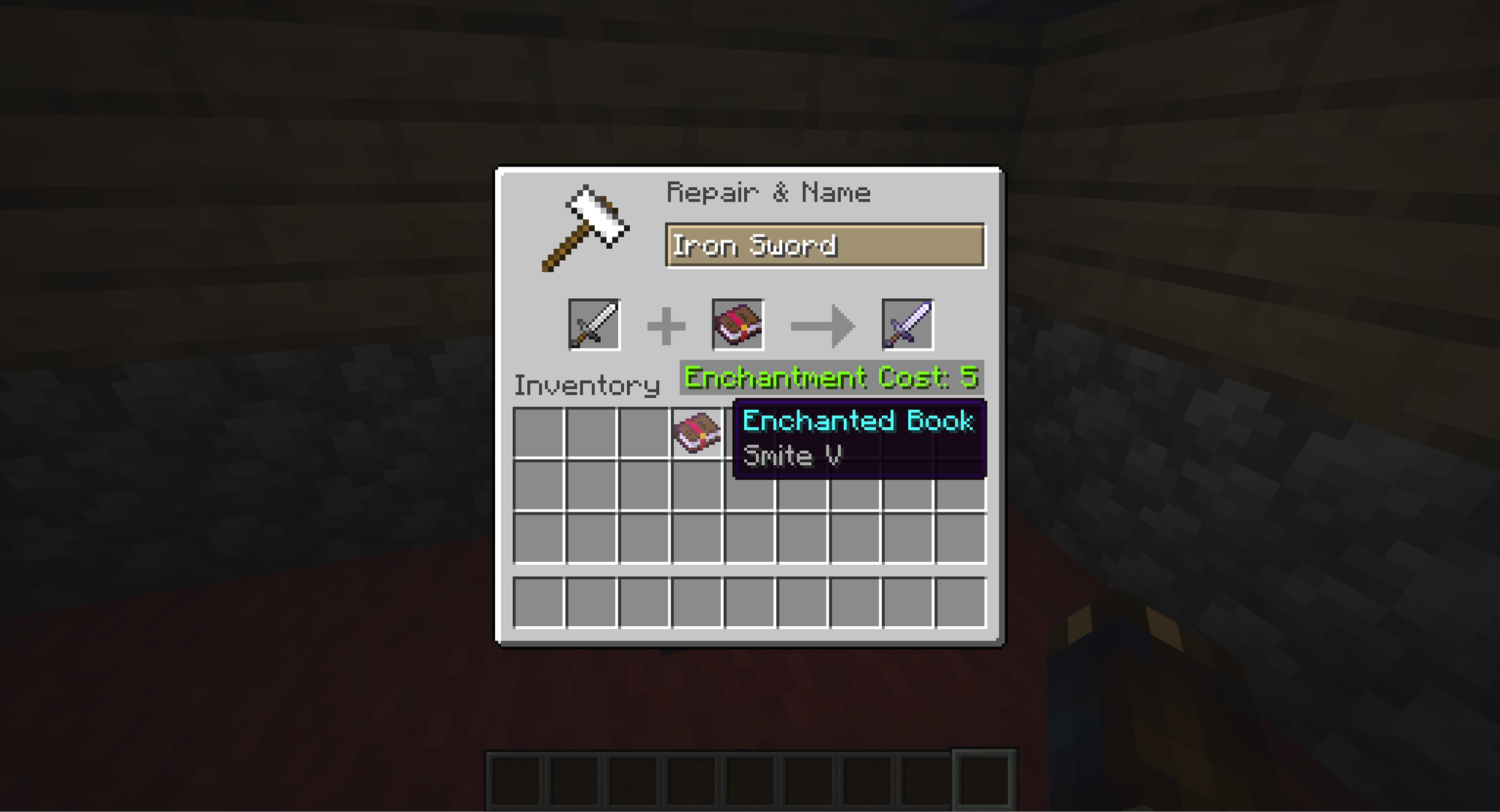 A Minecraft screenshot of an iron sword and an enchanted book of Smite V on an Anvil.