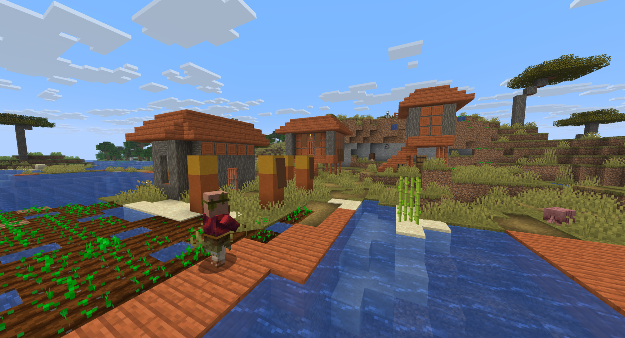 A Minecraft screenshot of a savanna village by water.