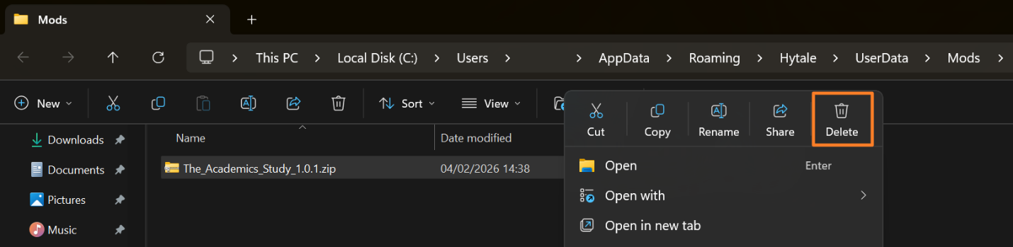 Windows File Explorer open to the Hytale Mods folder with a mod file selected and “Delete” highlighted.