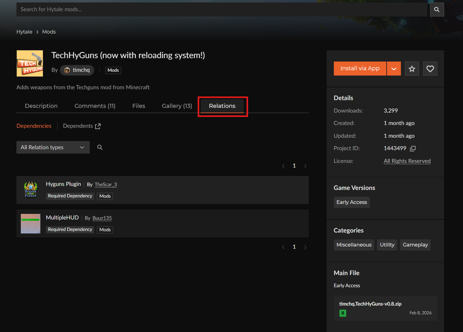 CurseForge mod page showing required dependencies in Relations section.