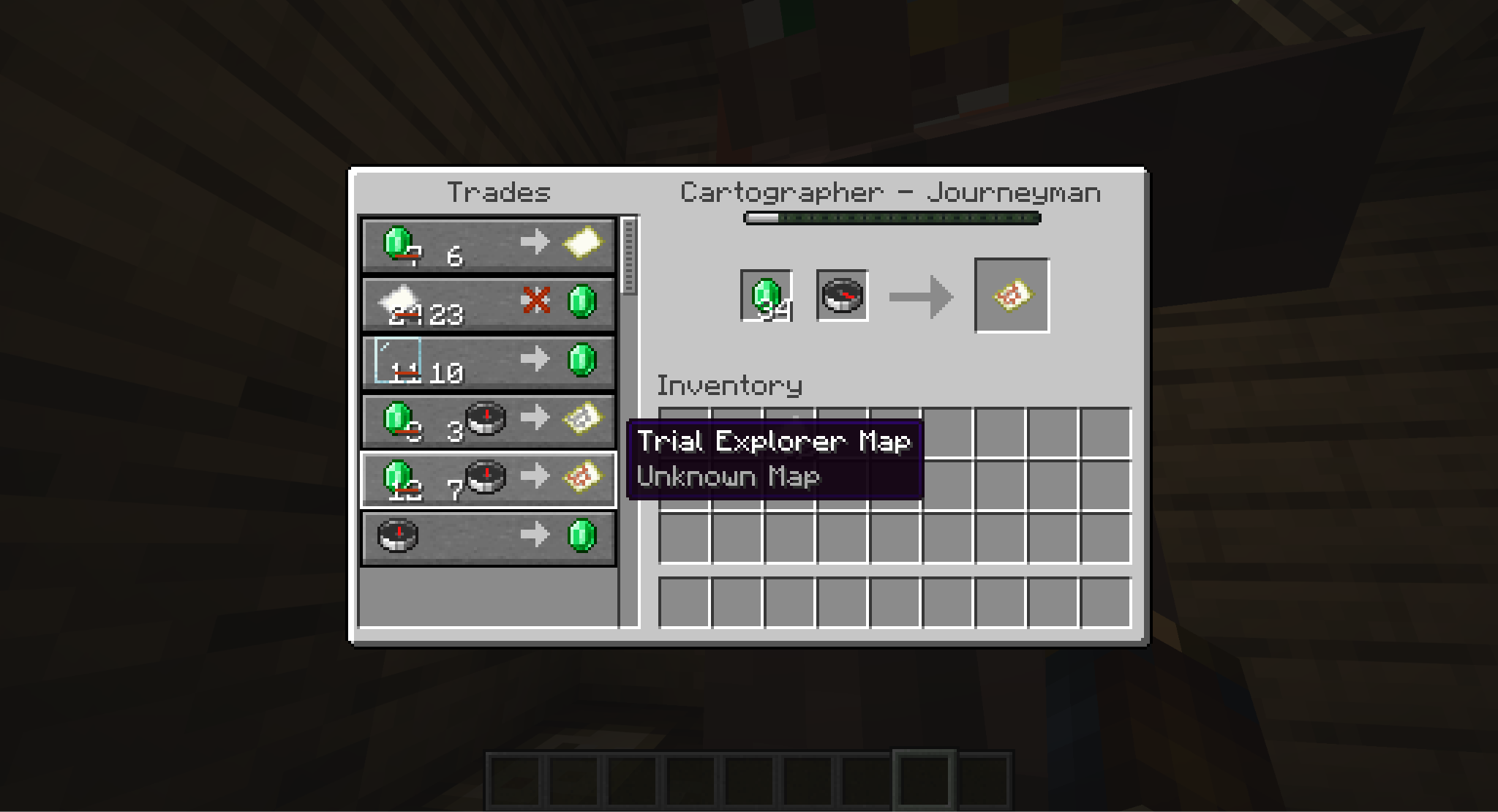 A Minecraft screenshot of a trade with a cartographer for a trial explorer map.