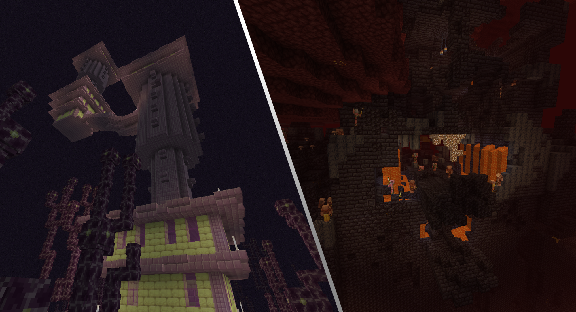 An image collage of an End City and a Bastion Remnant in Minecraft.
