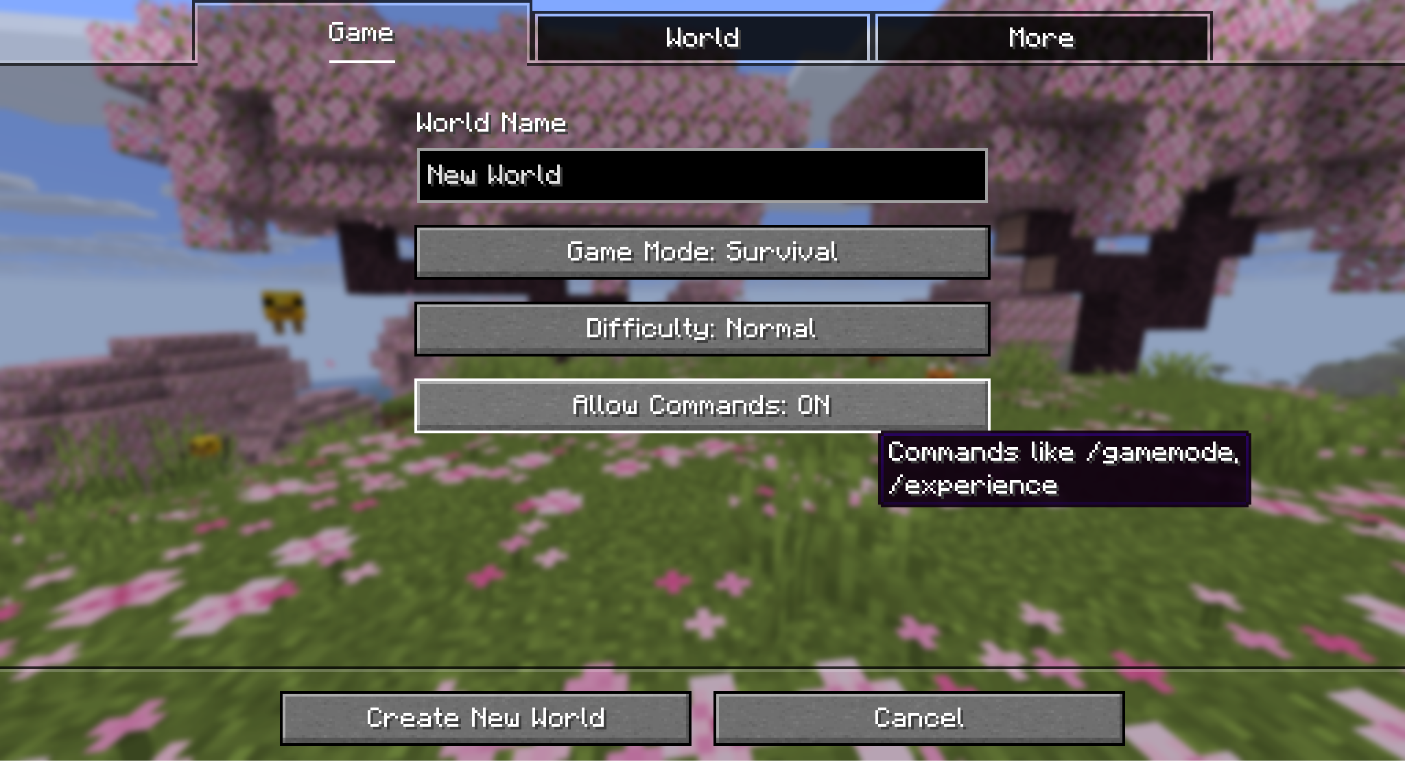 A Minecraft screenshot of the world creation menu, the Allow Commands prompt is active.