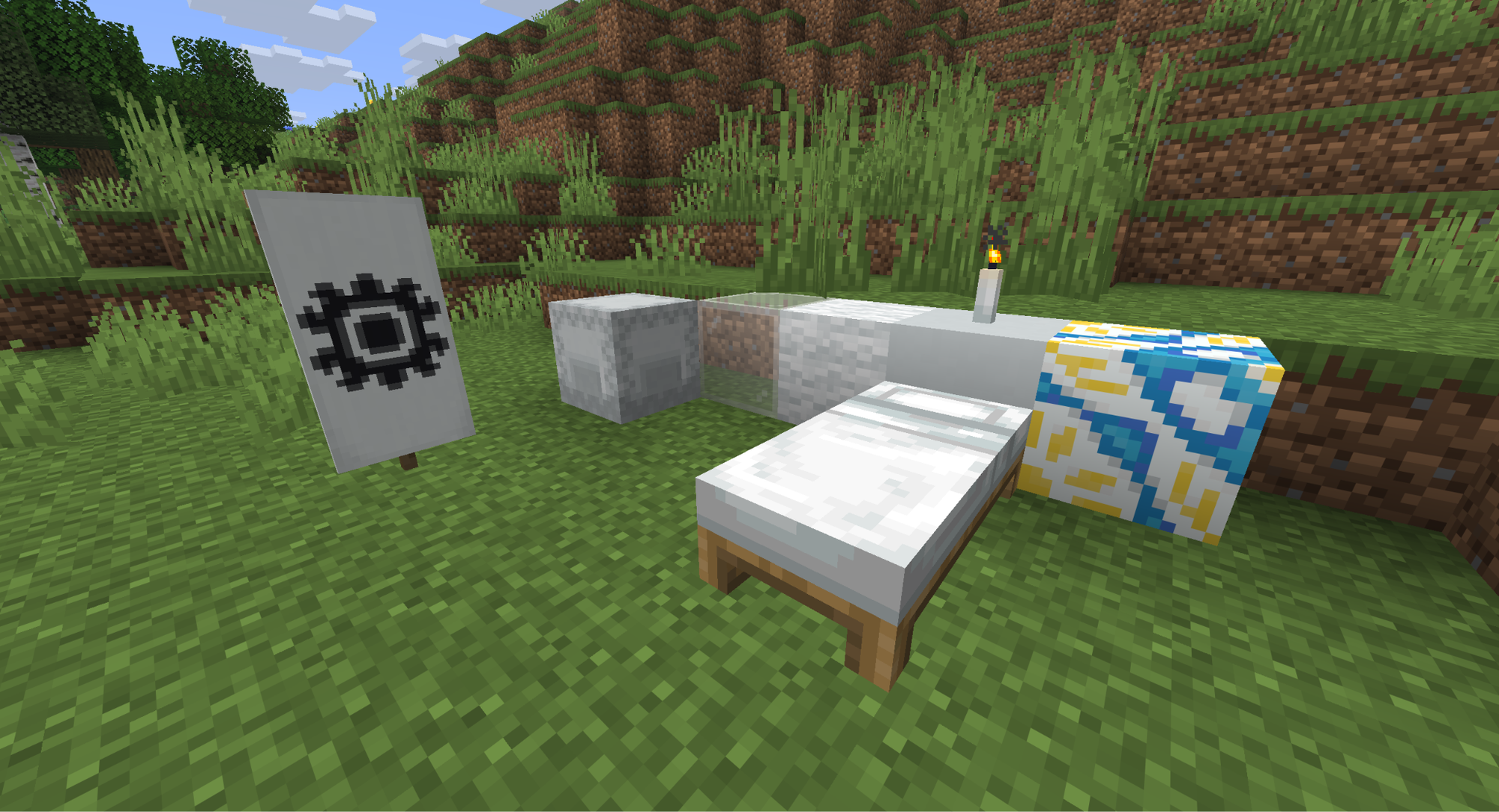 A Minecraft Screenshot of white blocks and items, like banners and beds.