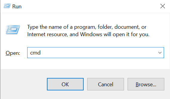 A screenshot showing the "cmd" command prompt entered in Windows "Run".