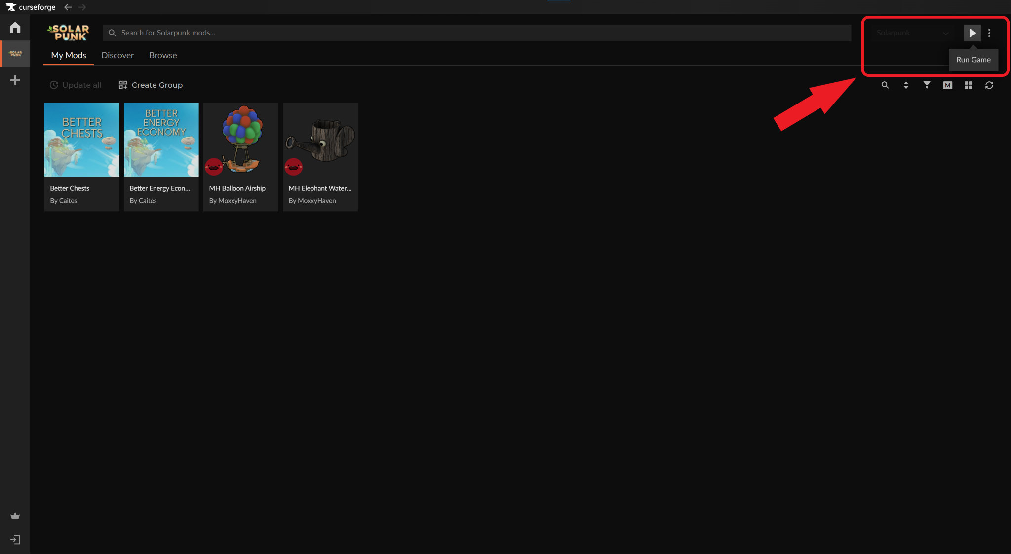 The Solarpunk "My Mods" dashboard in CurseForge with a red arrow pointing to the "Run Game" play button in the top right corner.