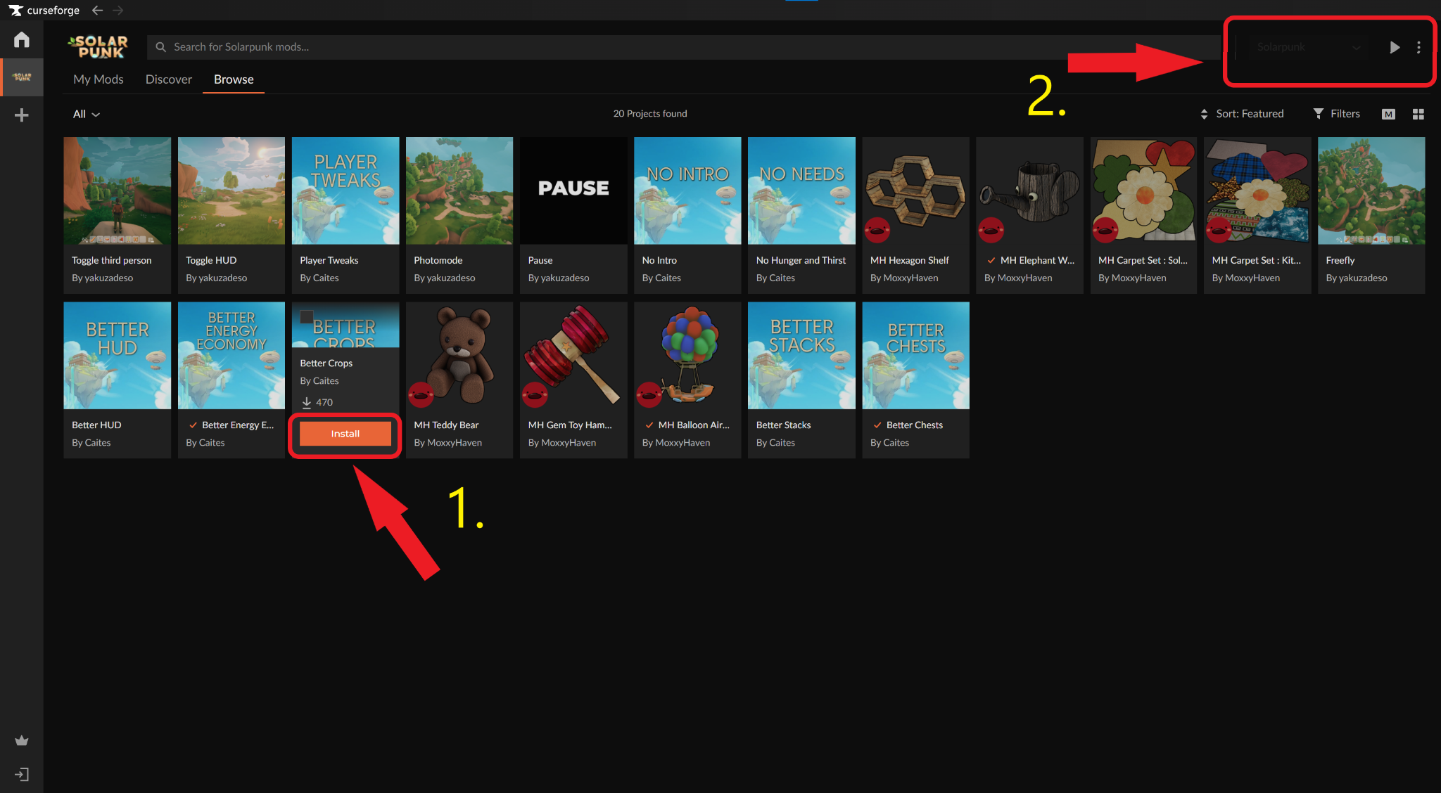 The Solarpunk "My Mods" dashboard in CurseForge with red arrows pointing toward the "Install'' and "Run Game" buttons.