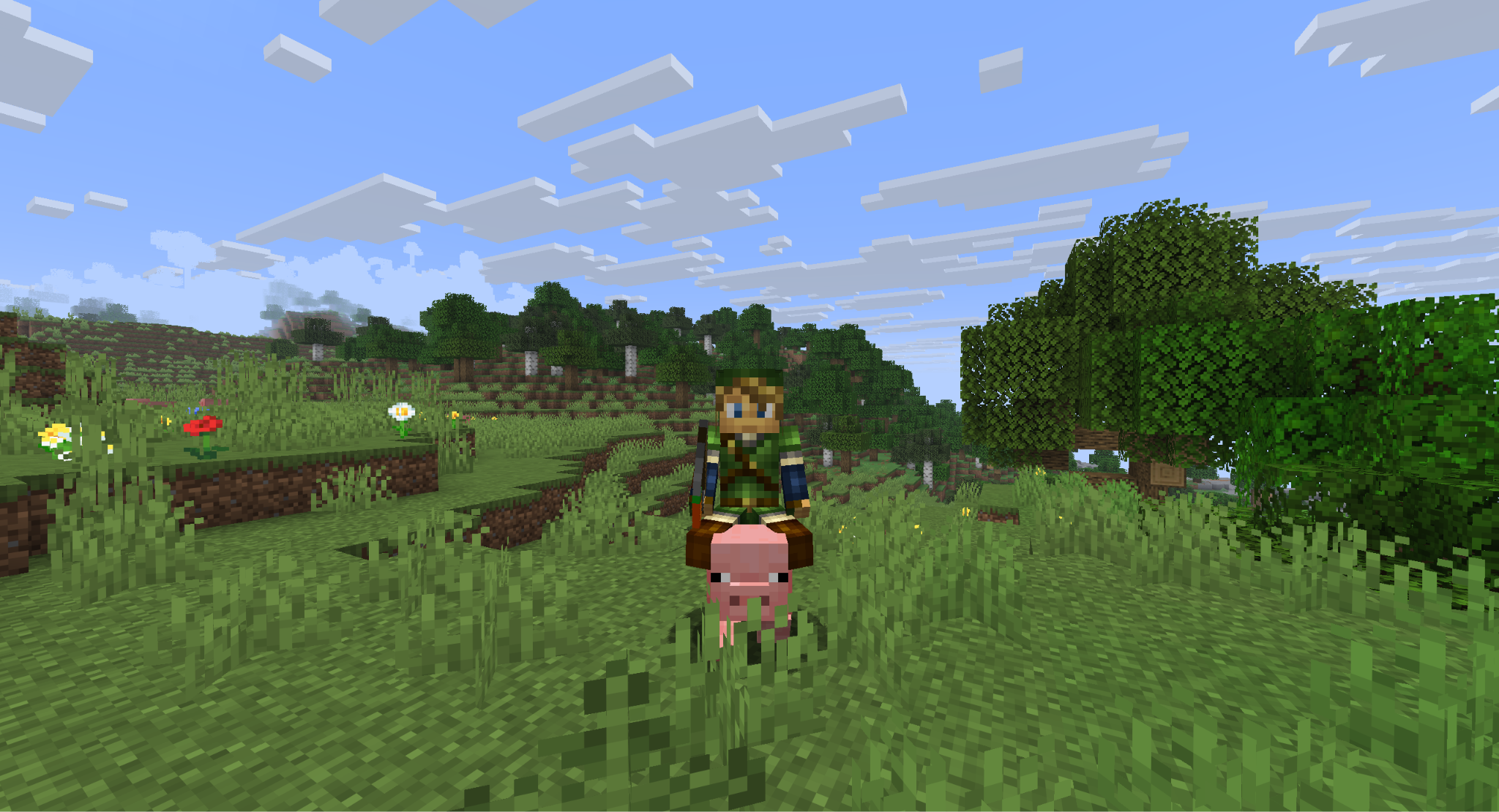 A Minecraft screenshot of the player riding a pig.