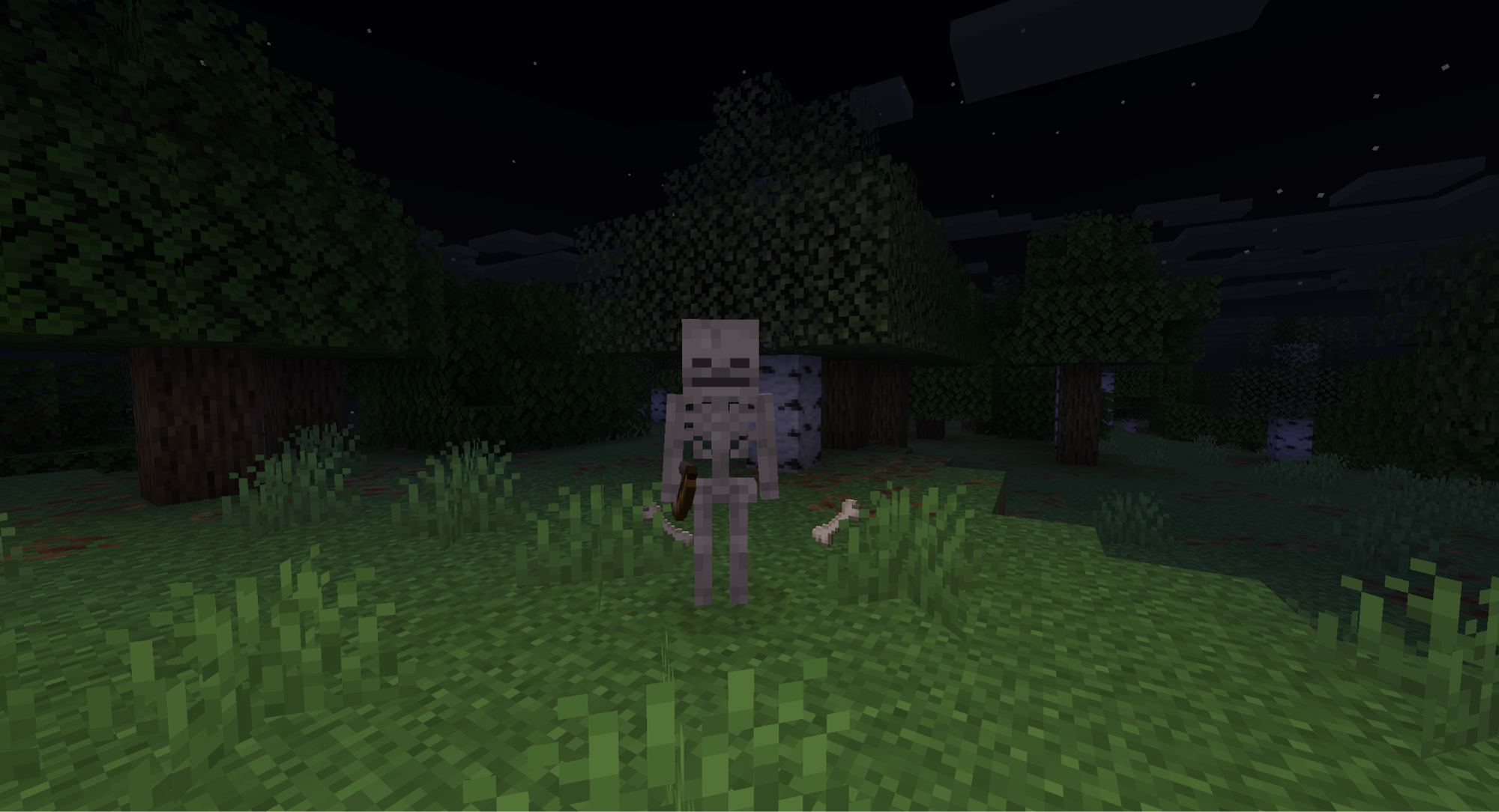 A Minecraft Screenshot of a skeleton at night.