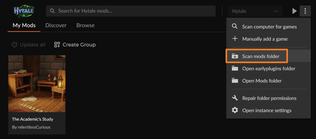 CurseForge Hytale tab menu with “Scan mods folder” highlighted.