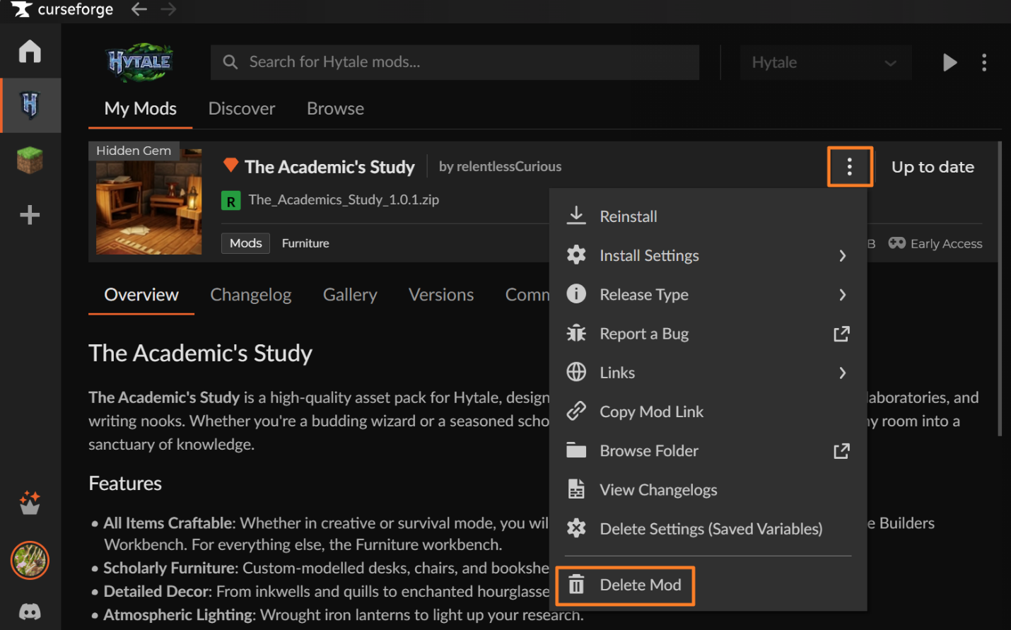 CurseForge mod page menu with “Delete Mod” highlighted.