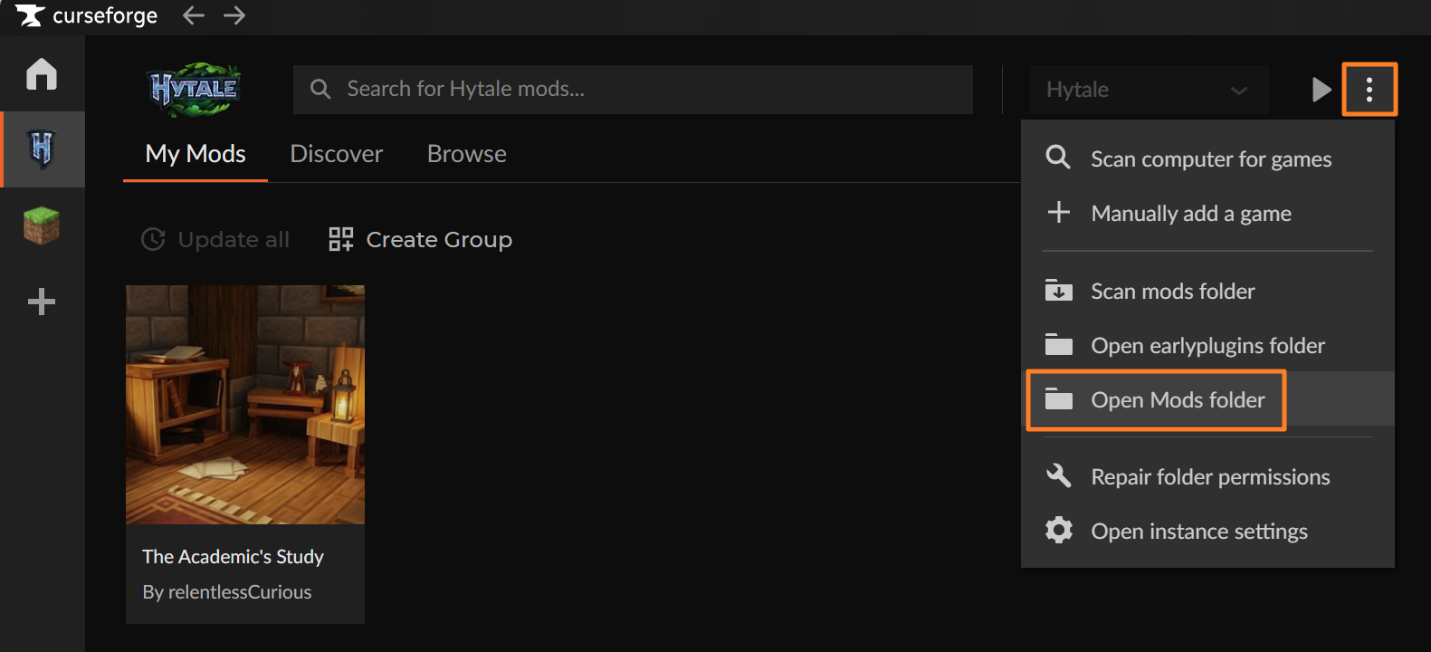 CurseForge Hytale tab menu opened from the three-dot button with “Open Mods folder” highlighted.