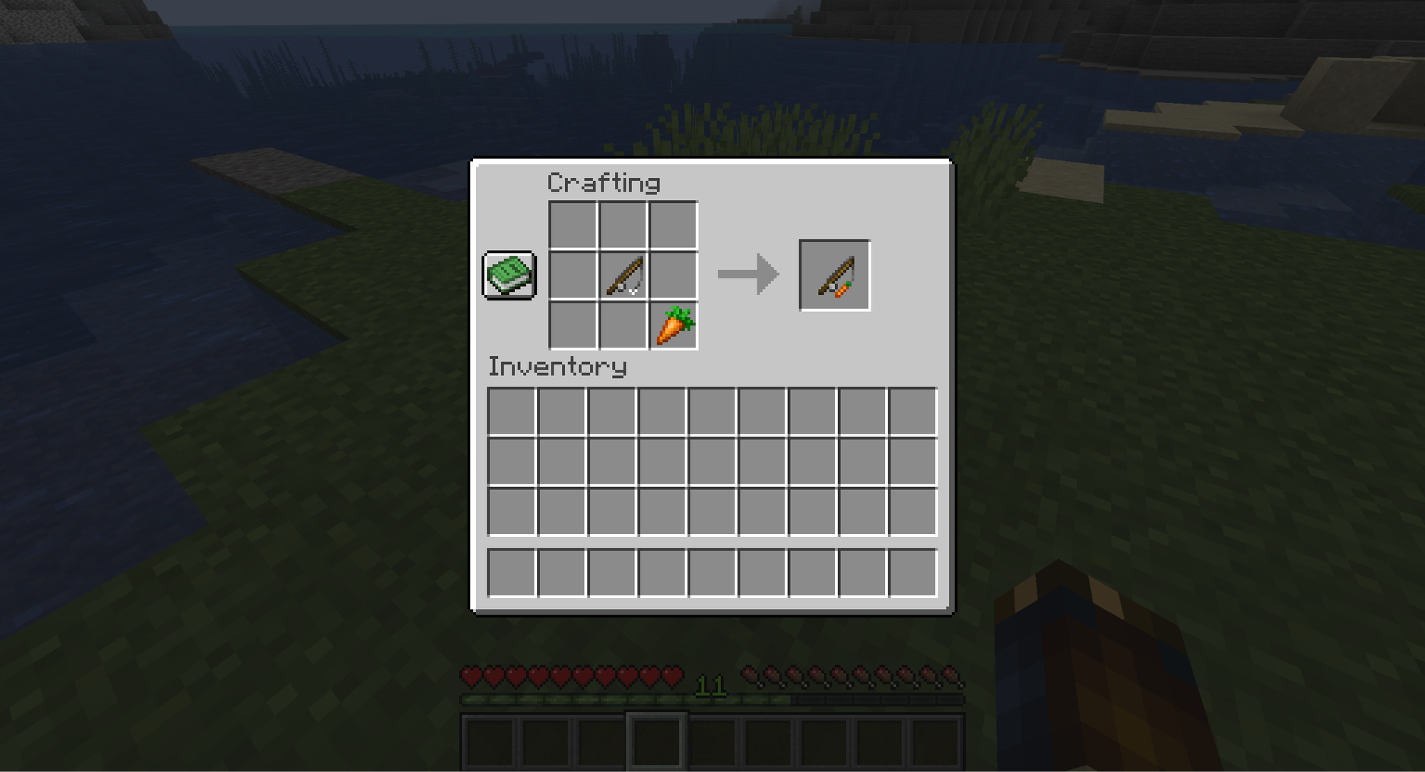 A Minecraft Screenshot of the crafting screen, a fishing rod and carrot combining into a Carrot on a Stick item.
