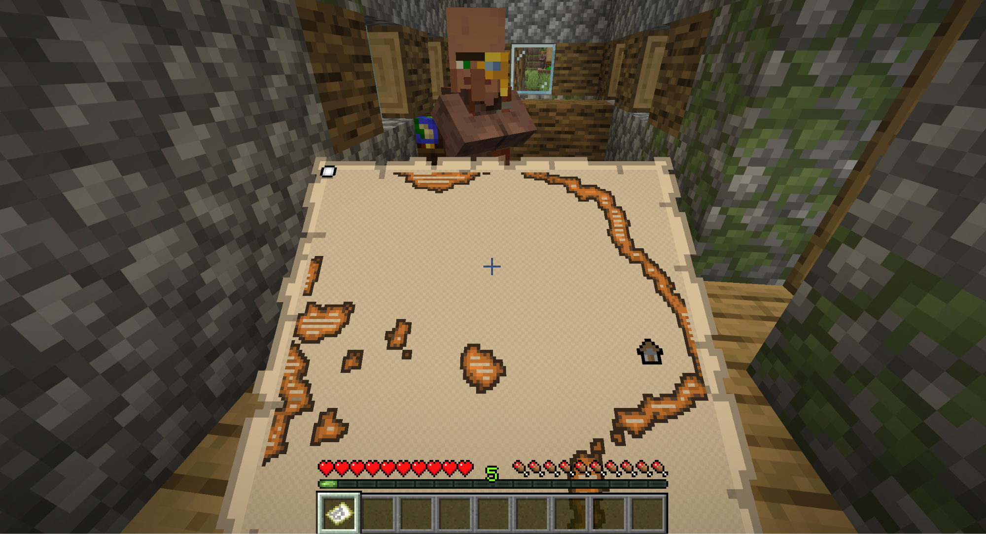 A Minecraft screenshot of the player holding an explorer's map in front of a cartographer.