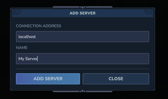 Hytale in-game menu showing server settings with "localhost" entered in the "CONNECTION ADDRESS" field.