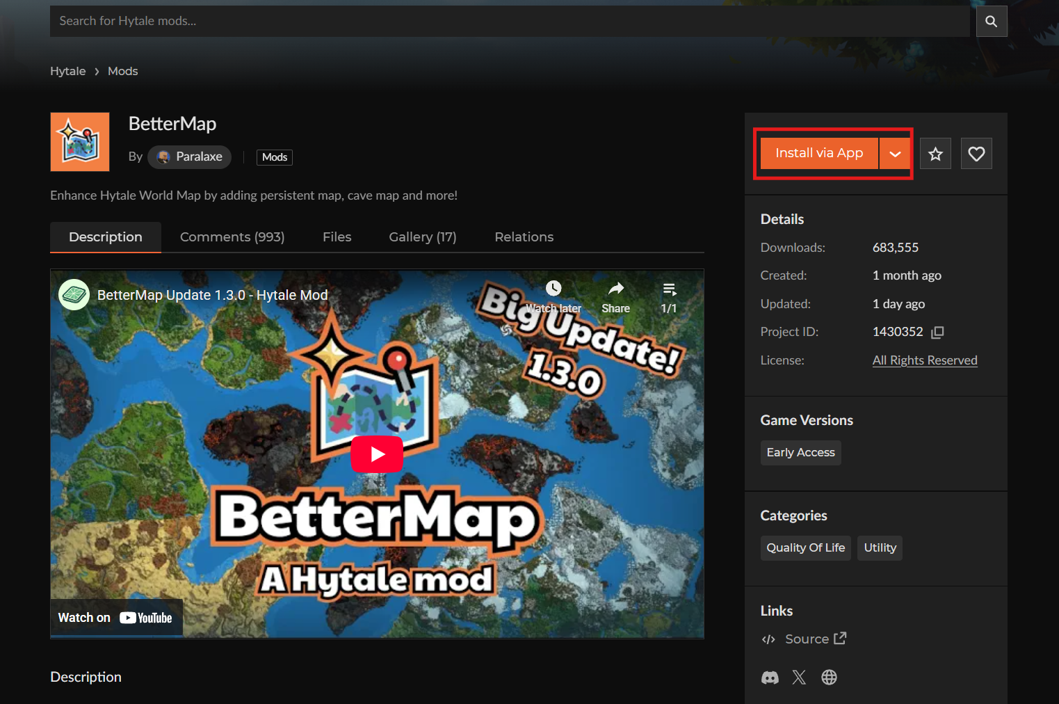 CurseForge mod page with Install via App button highlighted.