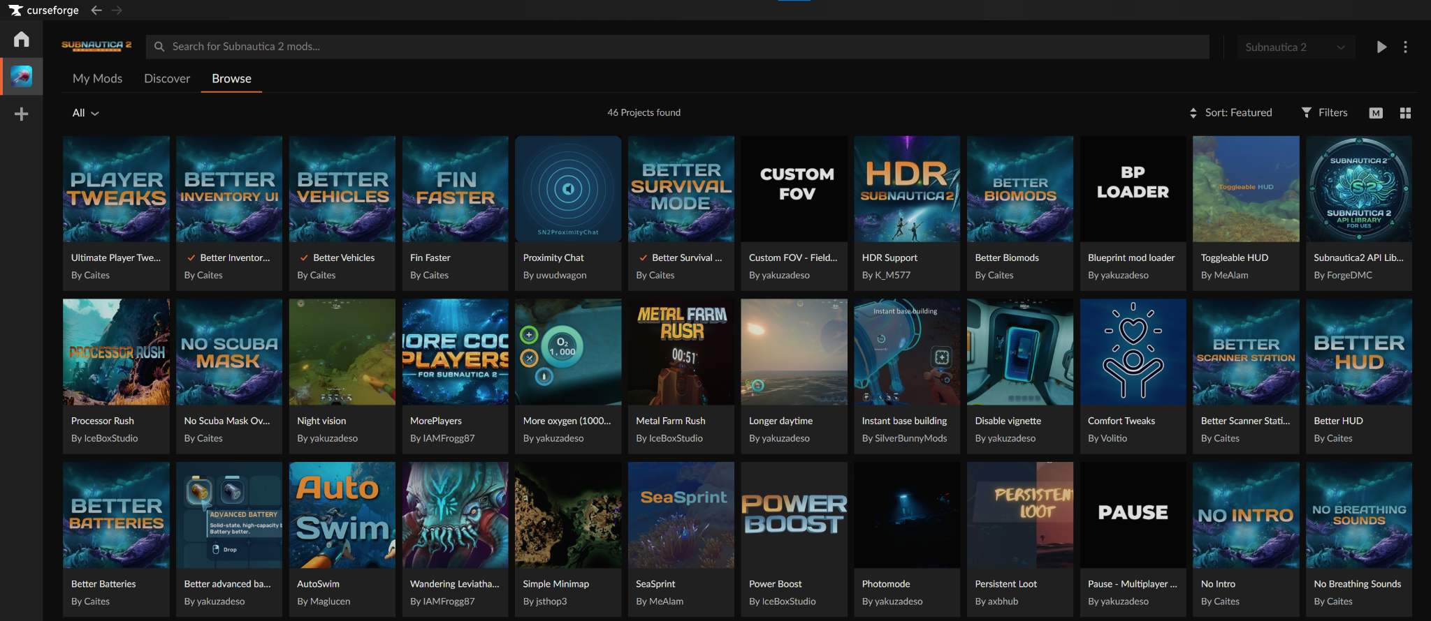 CurseForge browse tab displaying a variety of available Subnautica 2 mods for download.