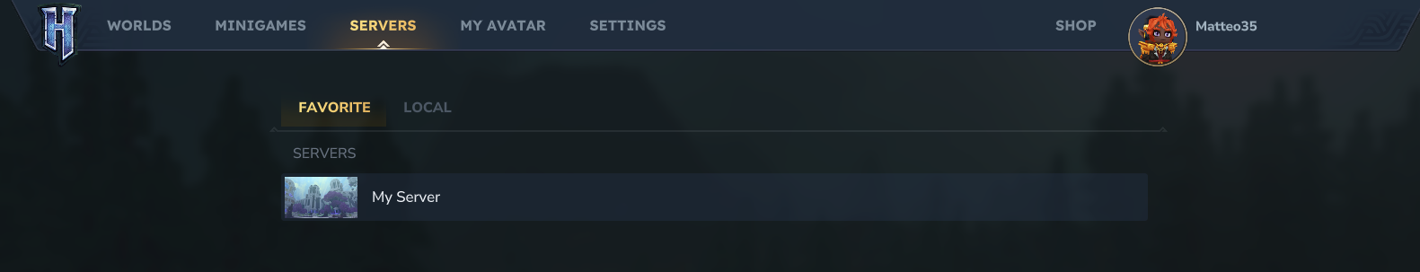 The "FAVORITE" tab within the Hytale in-game "SERVERS" menu showing a server titled "My Server".