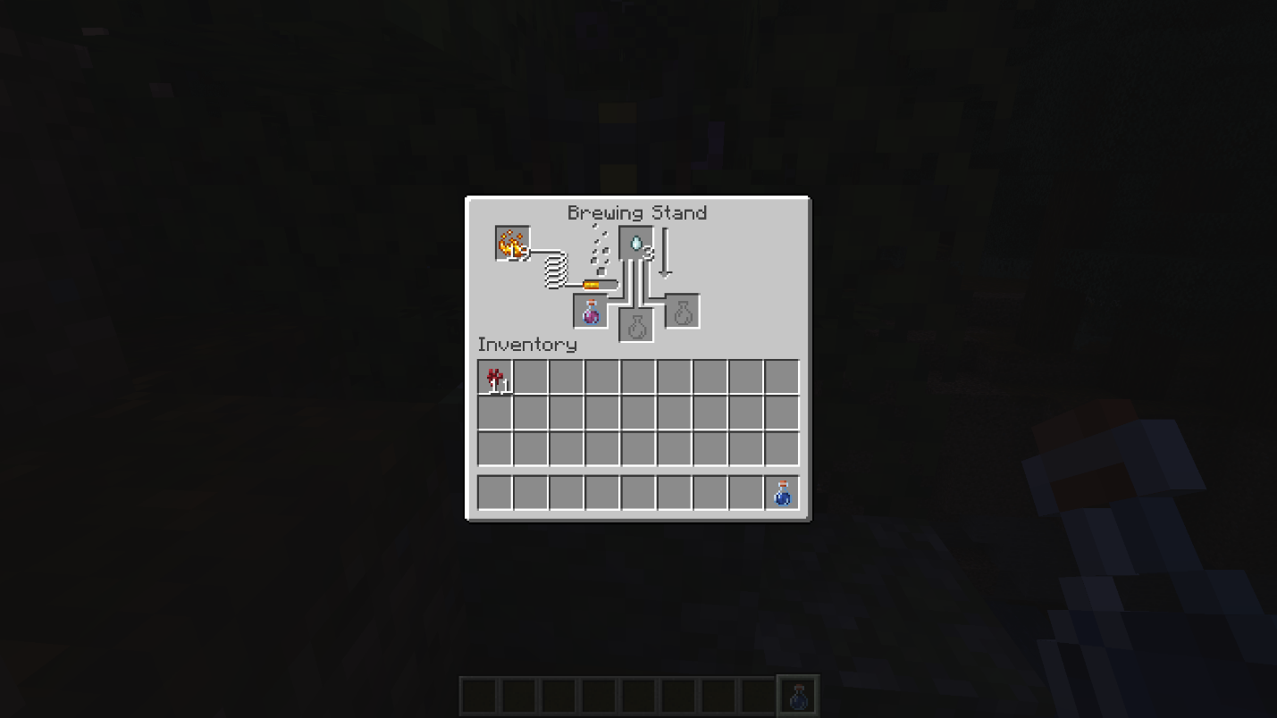 Minecraft brewing stand showing Ghast Tear being brewed into an Awkward Potion to make a Potion of Regeneration.