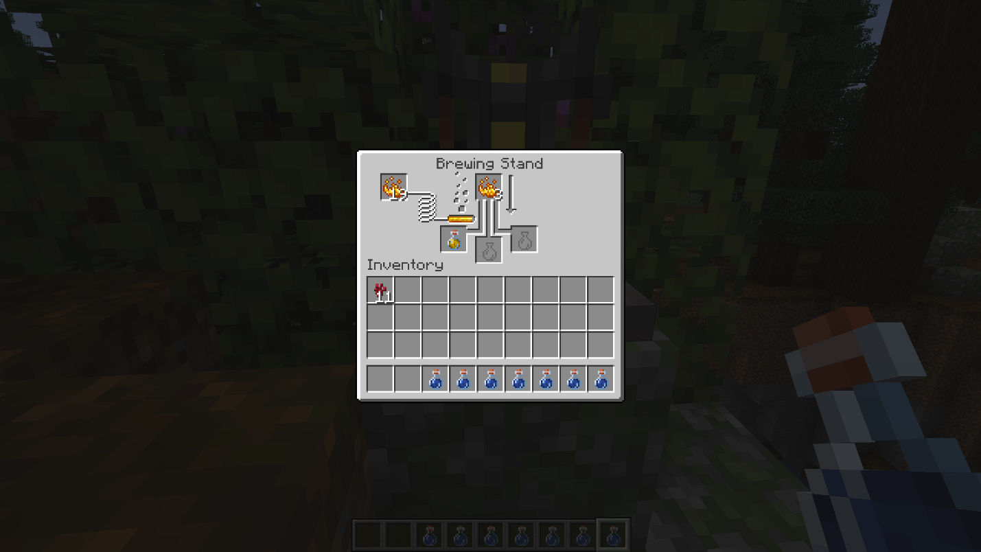 Minecraft brewing stand showing Blaze Powder being brewed into Awkward Potions to make Potions of Strength.