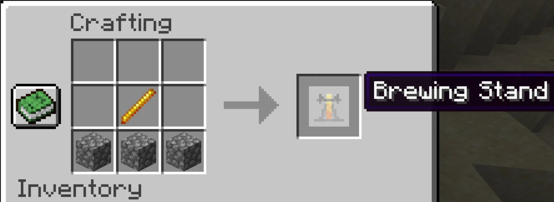 Minecraft crafting recipe showing a blaze rod and three cobblestone blocks being crafted into a brewing stand.