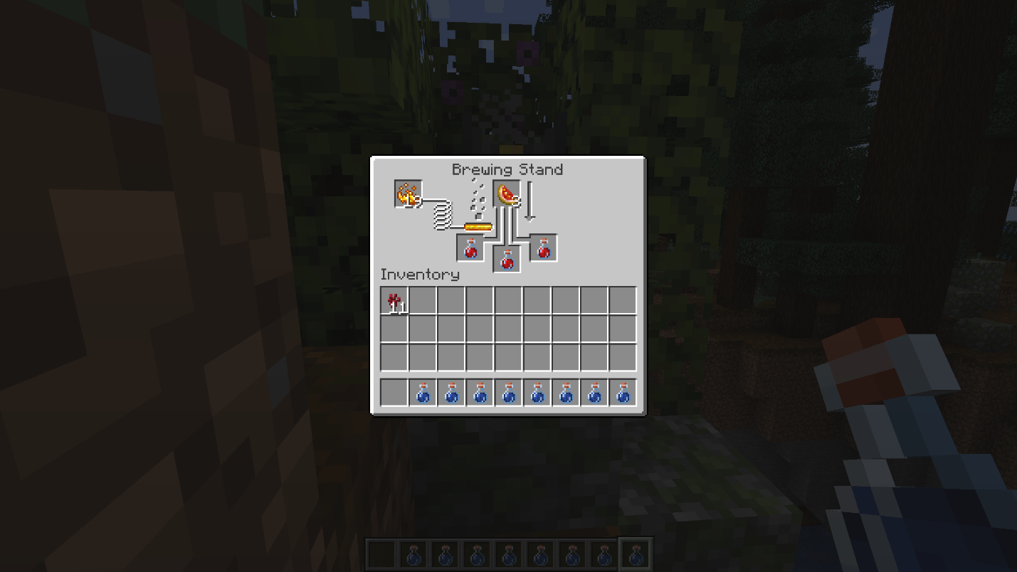 Minecraft brewing stand showing Glistering Melon Slice being brewed into Awkward Potions to make Potions of Healing.