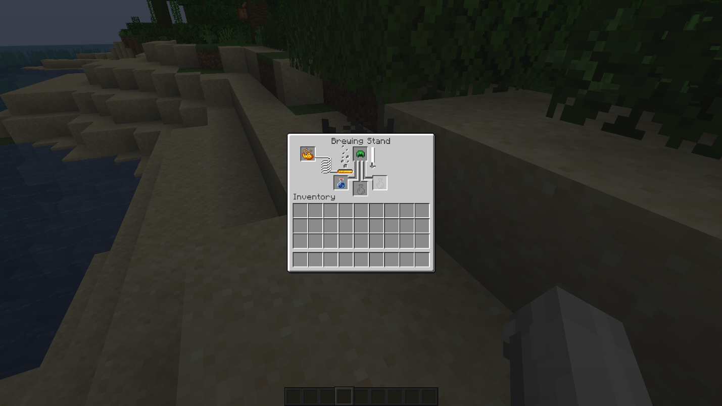 Minecraft brewing stand using a Turtle Shell to brew a Potion of the Turtle Master.