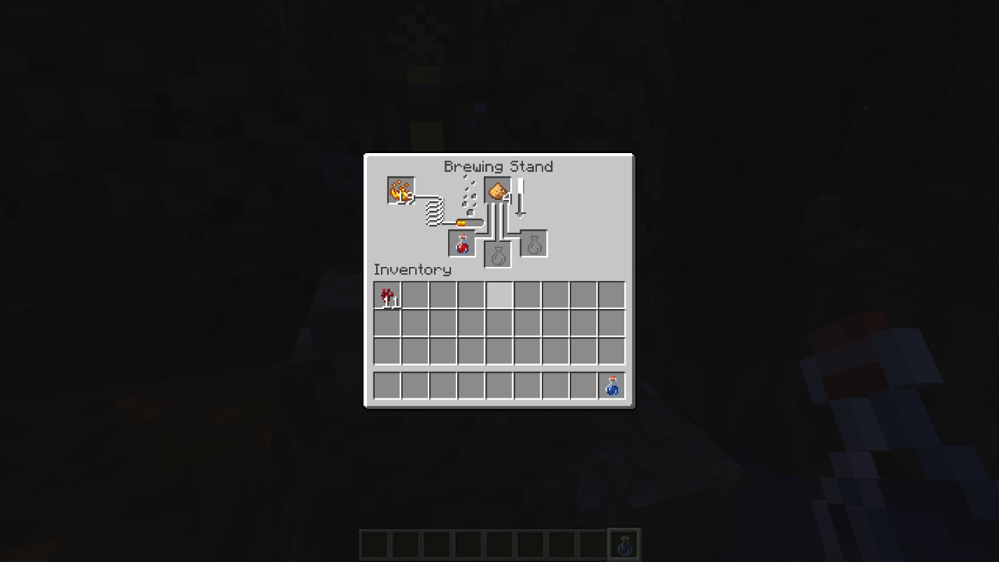 Minecraft brewing stand showing Glowstone Dust being added to a potion to increase its strength level.