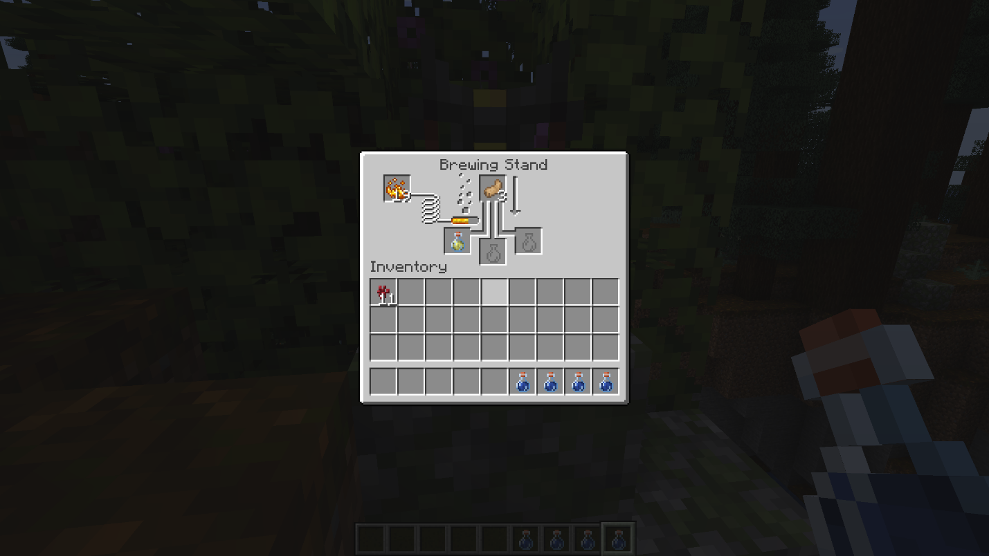 Minecraft brewing stand showing Rabbit's Foot being brewed into Awkward Potions to make Potions of Leaping.