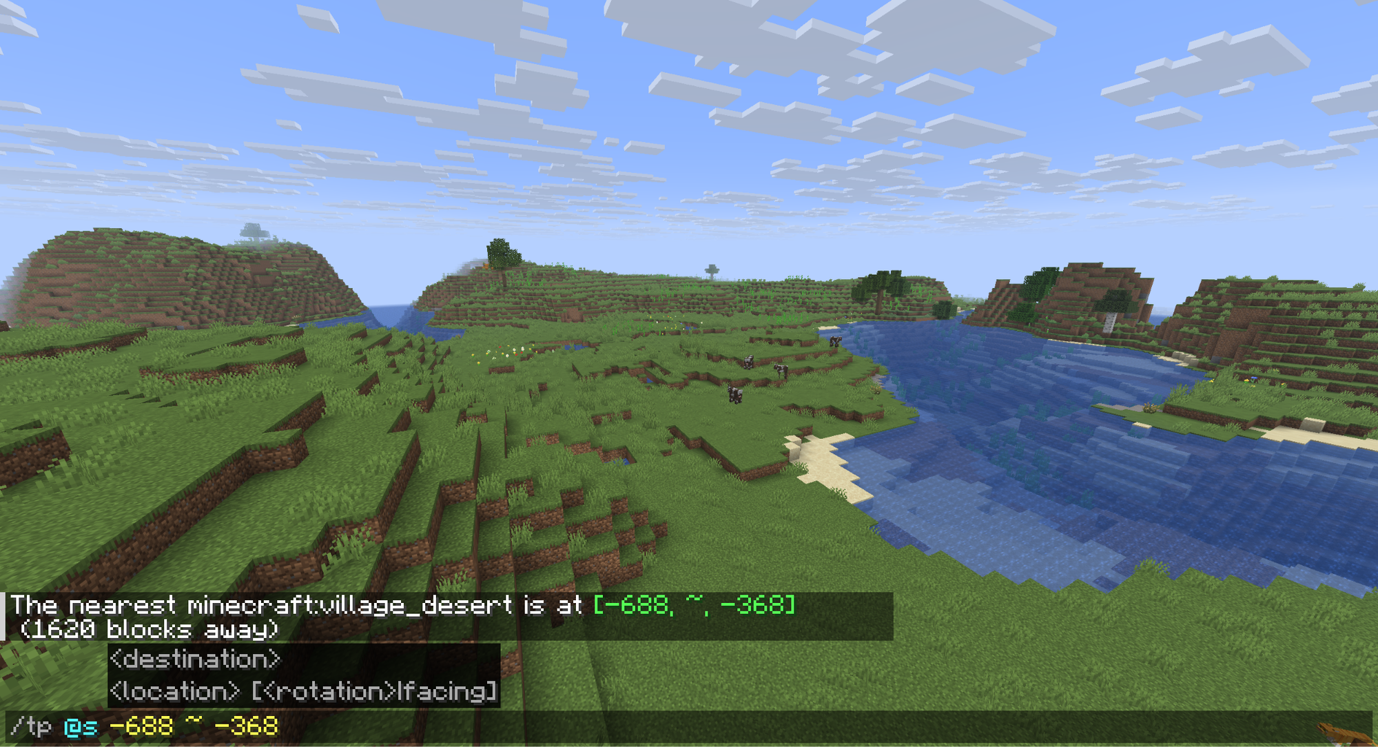 A Minecraft screenshot of the player typing in a teleport console command.