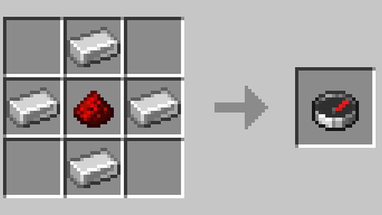 Crafting recipe for a Minecraft compass using 4 iron ingots around 1 redstone dust.