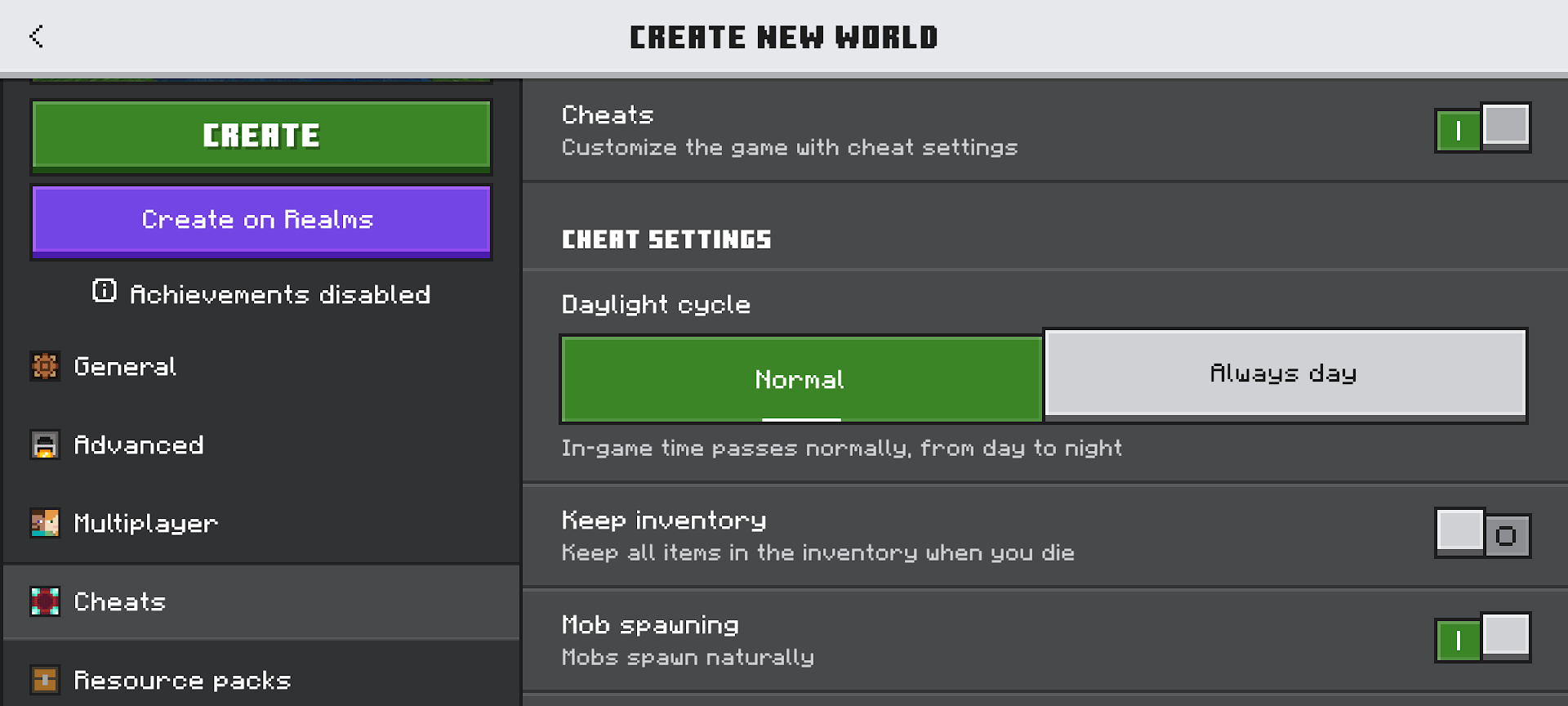 A Minecraft screenshot of the Cheats section of a new game in Bedrock Edition.