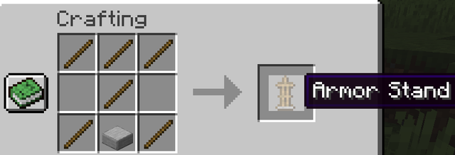 Crafting table recipe for an armor stand using sticks and a smooth stone slab.