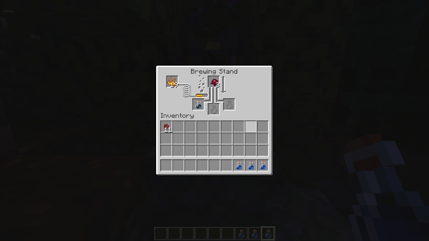 Minecraft brewing stand showing Fermented Spider Eye being brewed into water bottles to make Potions of Weakness.