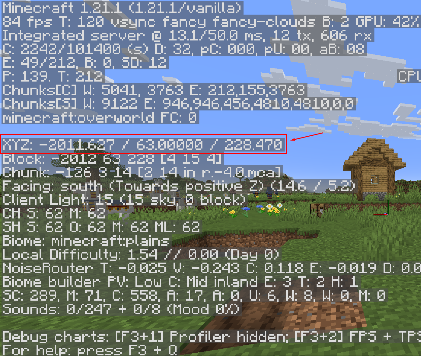 Minecraft Java debug screen with XYZ coordinates highlighted.