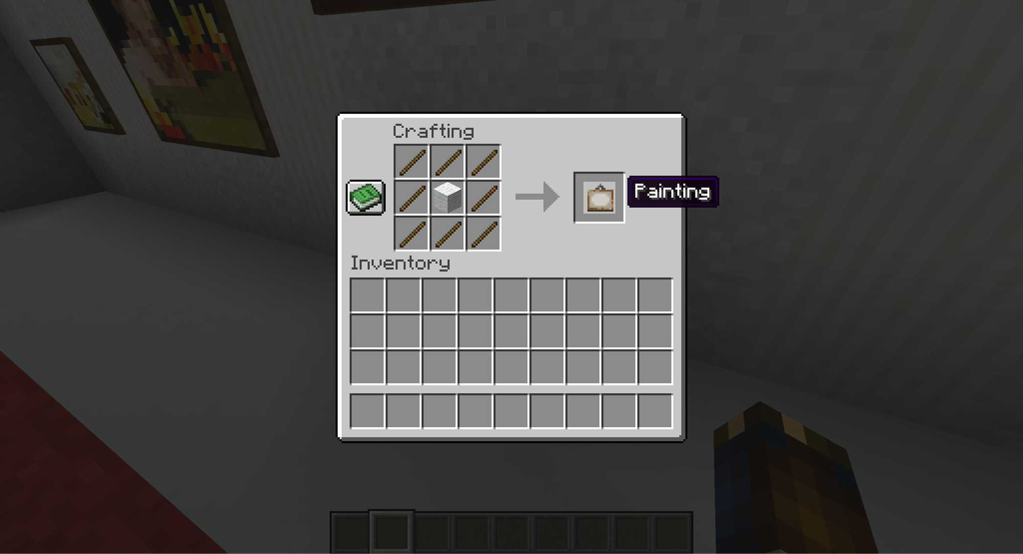 A Minecraft screenshot of the crafting table, the recipe for a painting placed in the grid.