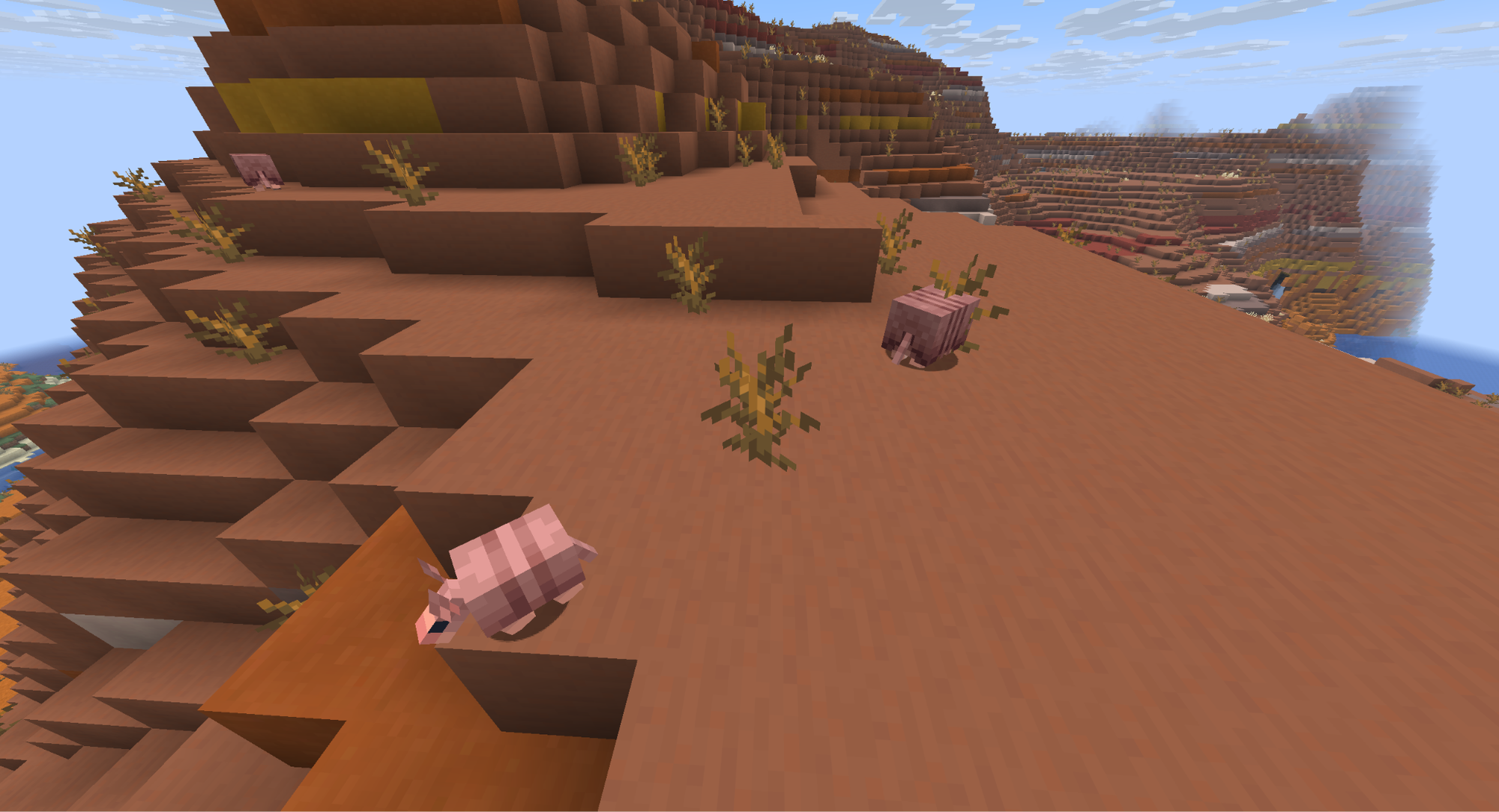 A Minecraft screenshot of two armadillos in a badlands.