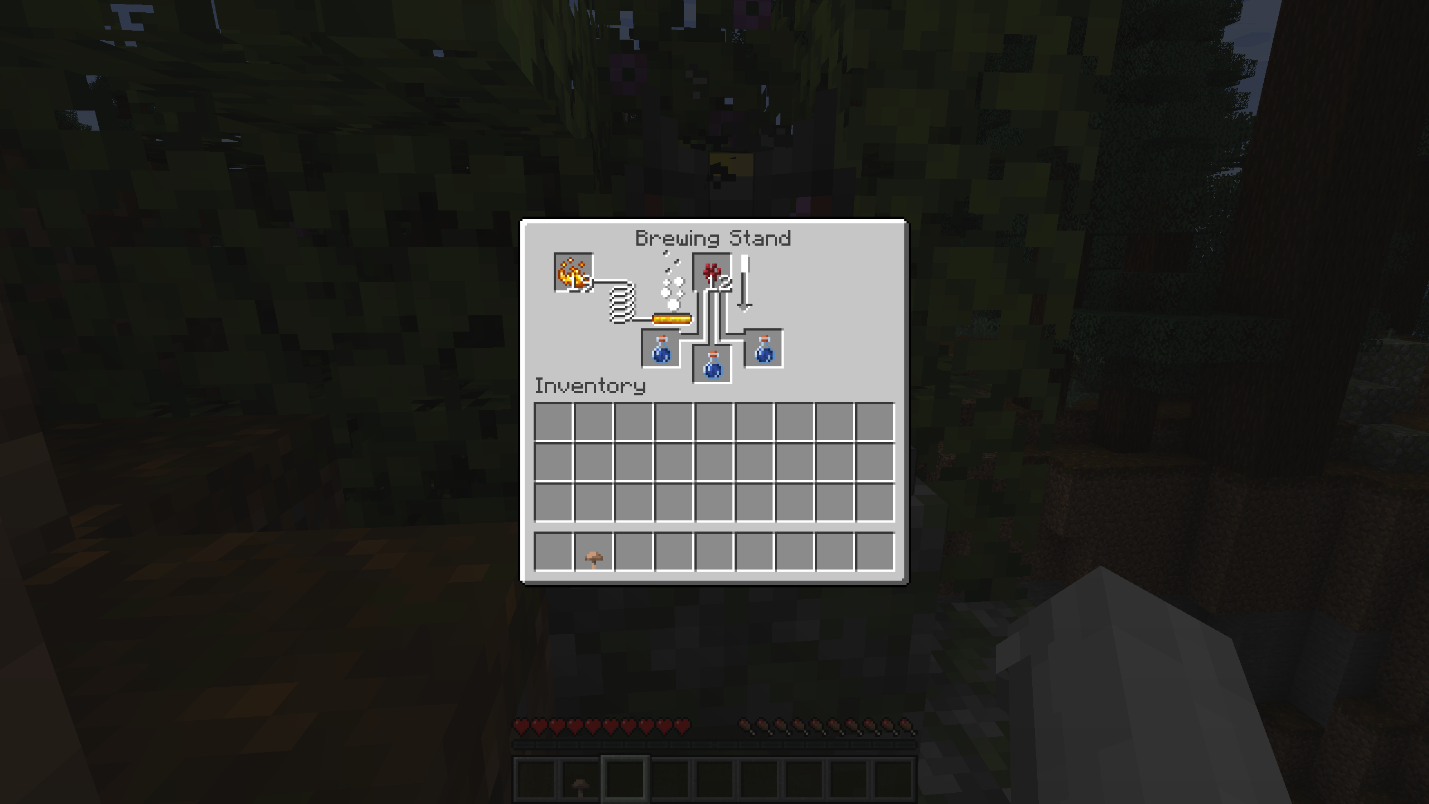 Minecraft brewing stand showing Nether Wart being brewed into water bottles to make Awkward Potions.