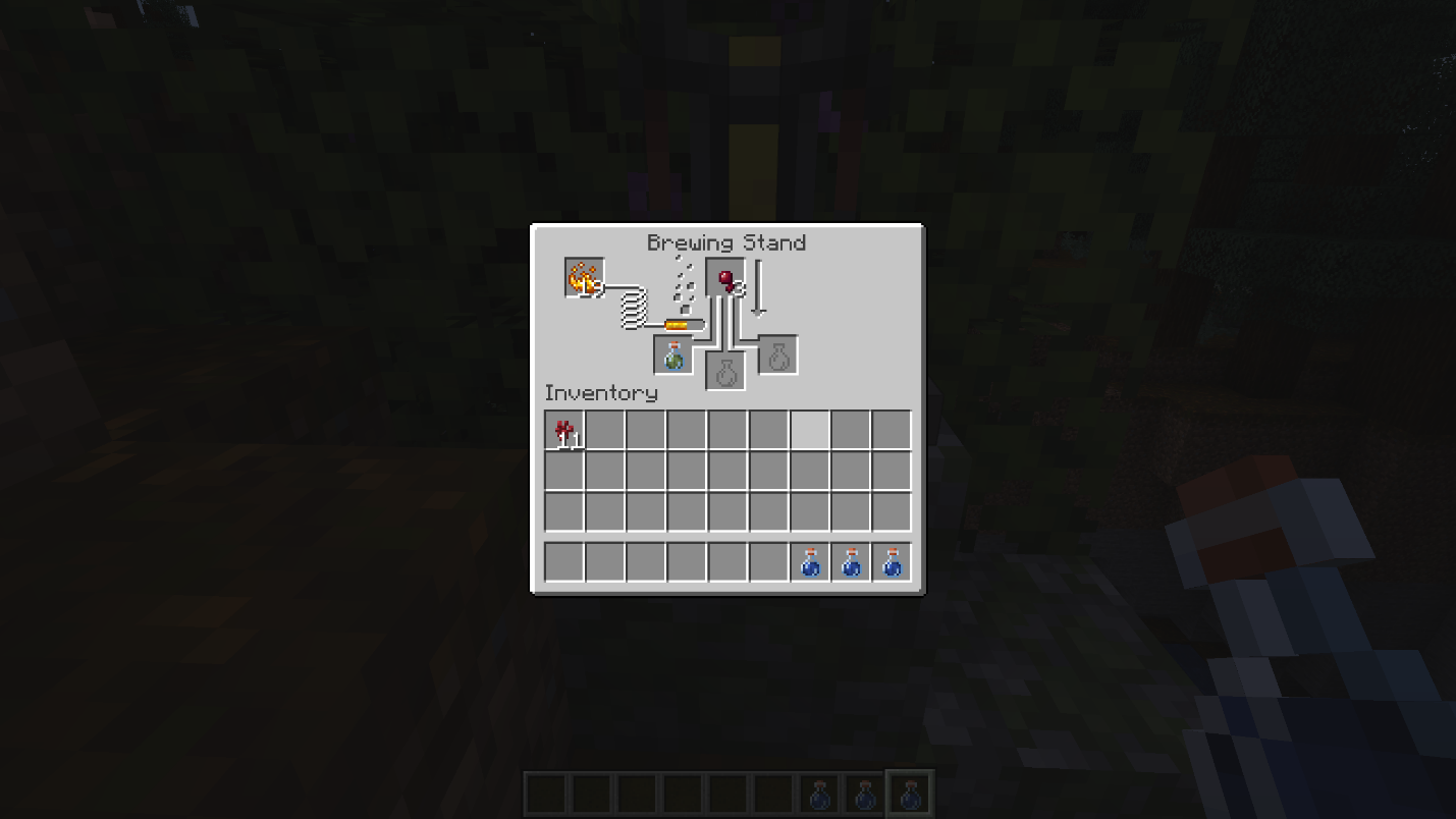 Minecraft brewing stand showing Spider Eye being brewed into Awkward Potions to make Potions of Poison.
