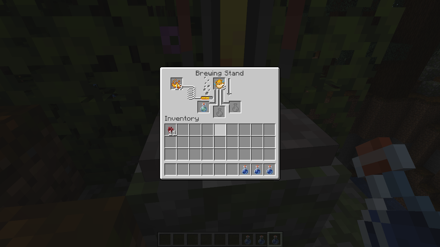 Minecraft brewing stand showing Pufferfish being brewed into Awkward Potions to make Potions of Water Breathing.