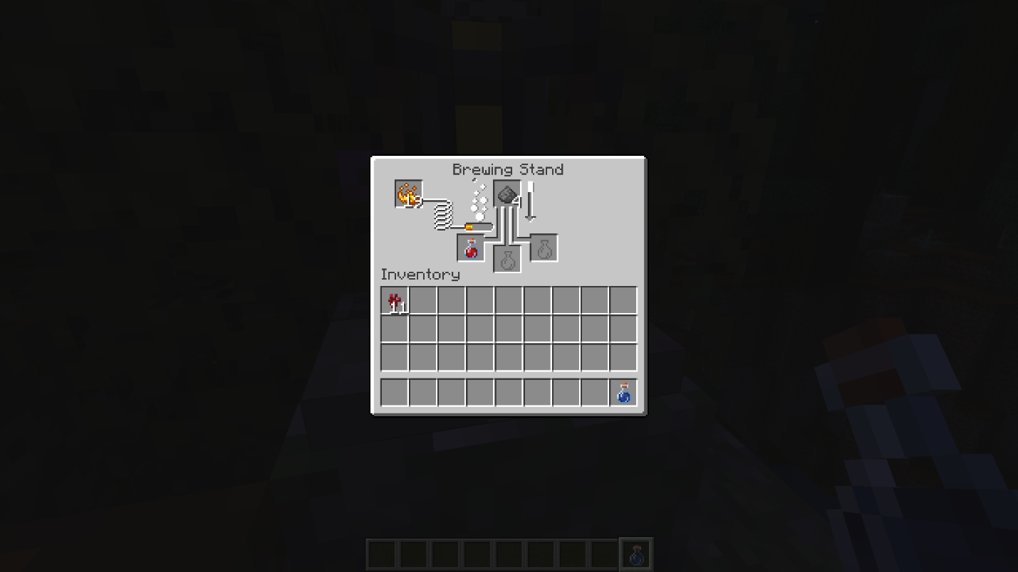 Minecraft brewing stand showing Gunpowder being added to a potion to create a splash potion.