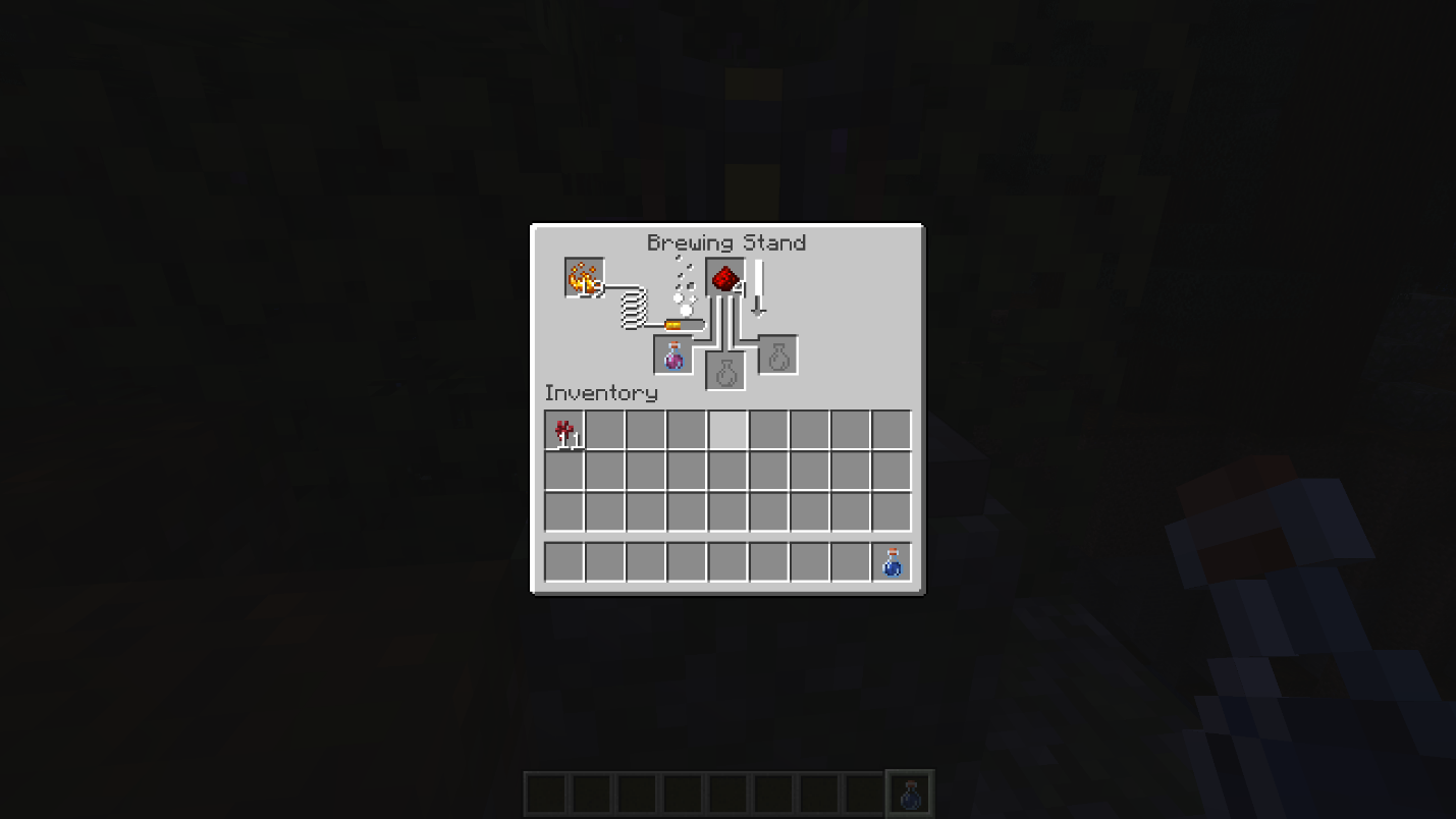 Minecraft brewing stand showing Redstone Dust being added to a potion to extend its duration.