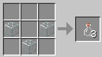 Minecraft crafting recipe showing three glass blocks arranged in a V shape to make glass bottles.