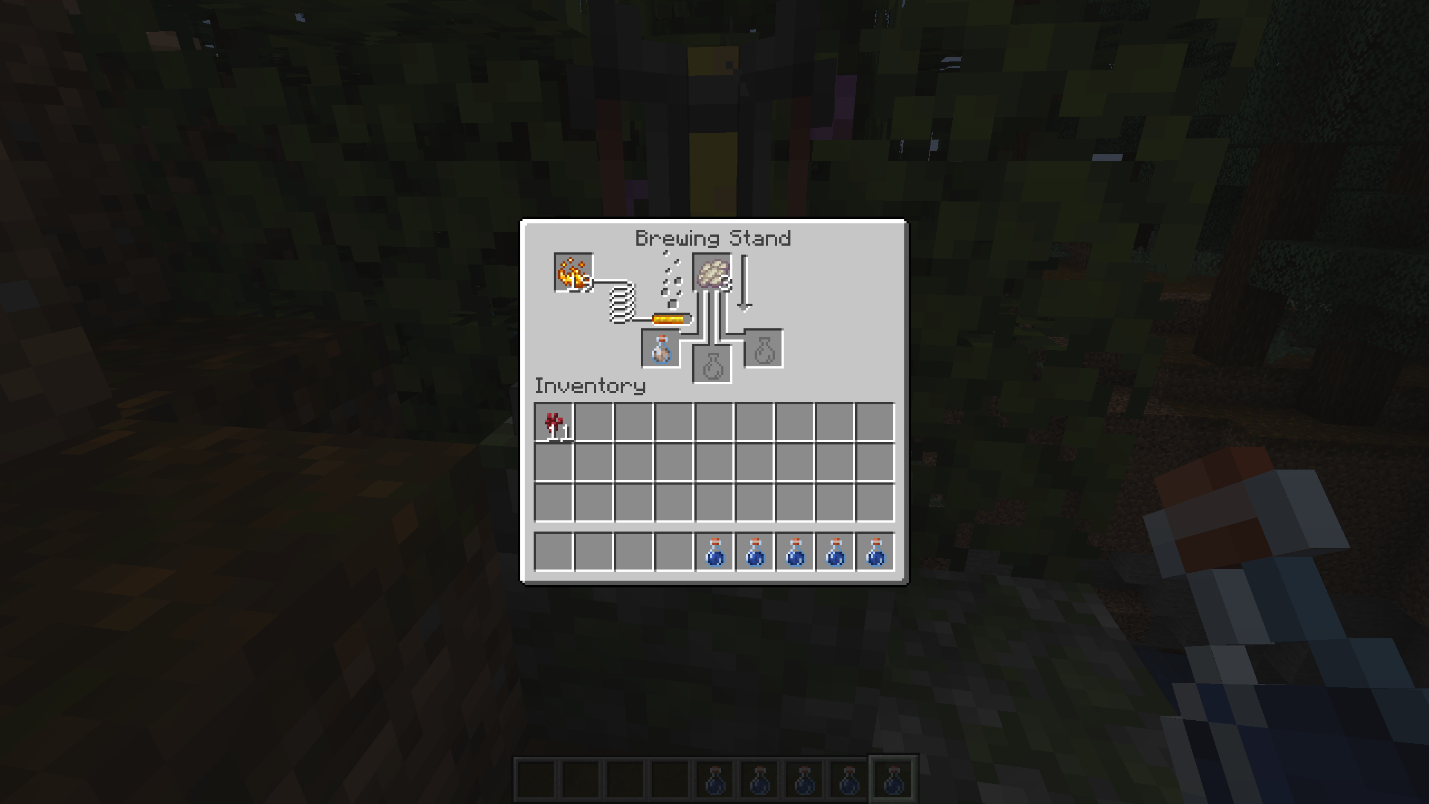 Minecraft brewing stand showing Phantom Membrane being brewed into Awkward Potions to make Potions of Slow Falling.
