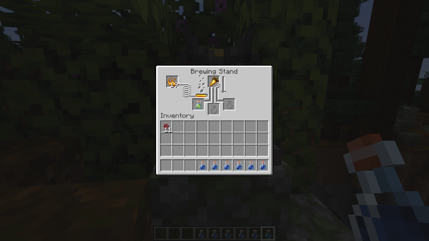 Minecraft brewing stand showing Golden Carrot being brewed into Awkward Potions to make Potions of Night Vision.