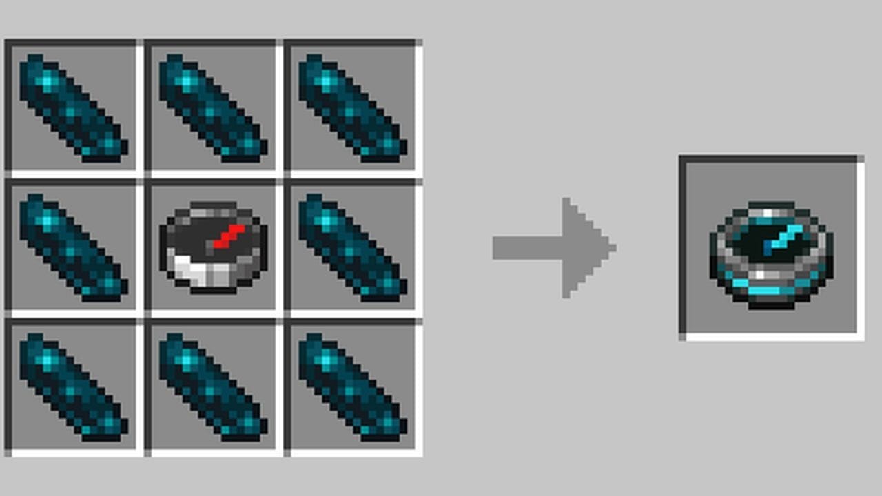 Minecraft recovery compass crafting recipe using a compass surrounded by echo shards.