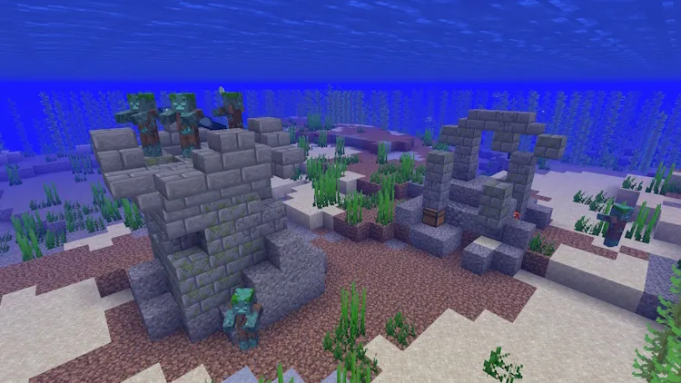 Underwater ocean ruins with drowned mobs in Minecraft.